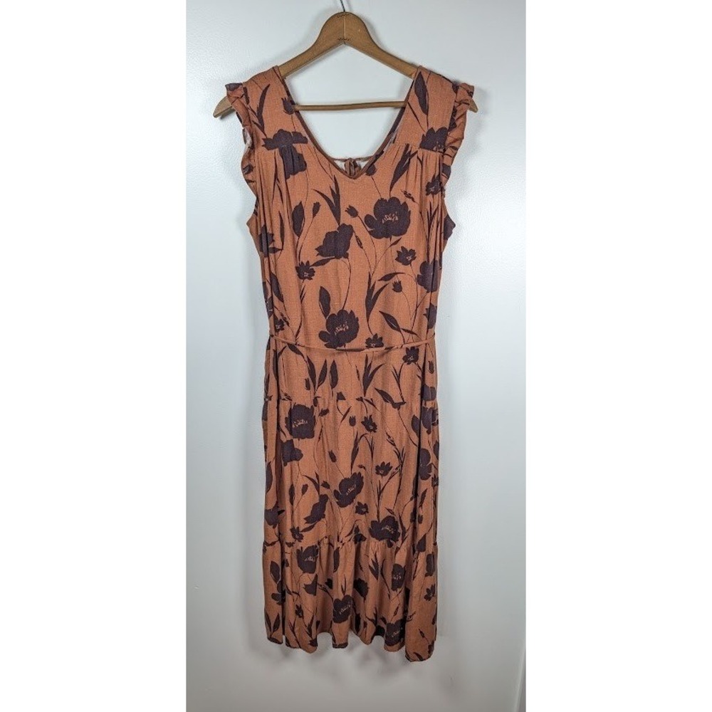 Simply Vera Wang Midi Dress Large Linen Blend Tiered Ruffle Floral Boho Vacation